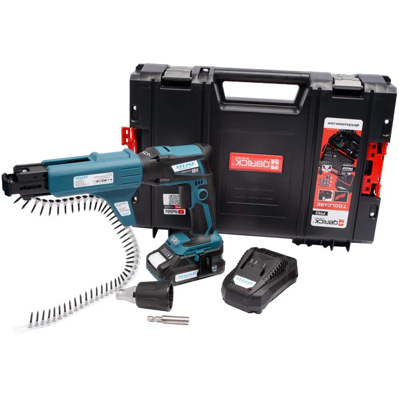 Objednat Nyní XTLINE Aku šroubovák na sádrokarton bezuhlíkový 18 V + baterie 2.0 Ah + nabíječka 2.4 A + box